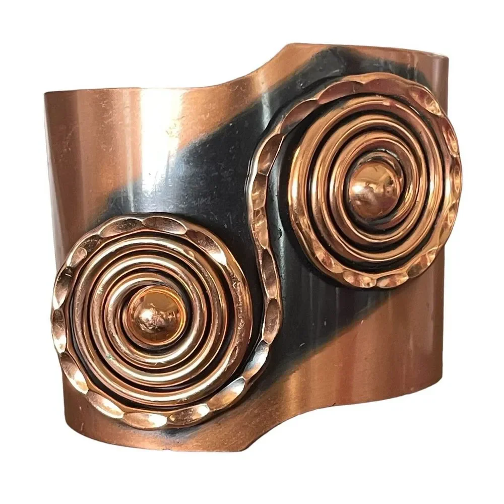 Signed Handmade Renoir 1950s Modernist Scroll Motif Copper Cuff Bracelet Runway